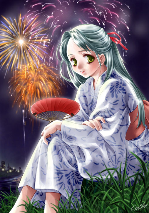 gason miho, original, 1girl, aerial fireworks, female focus, fireworks, grass, green eyes, green hair, hand fan, japanese clothes, kimono, lipstick, makeup, matching hair/eyes, paper fan, signature, sitting, smile, solo, uchiwa, yukata
