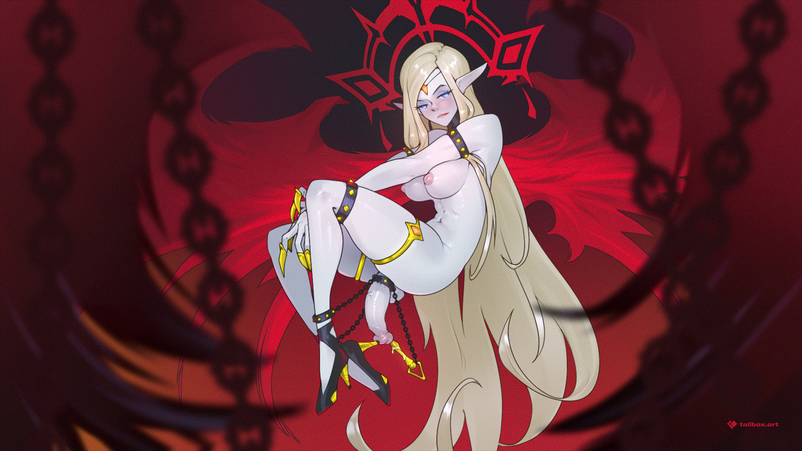 tailbox, original, highres, 1girl, armlet, artist name, blonde hair, blue eyes, breasts, chain, cock ring, colored skin, eyelashes, full body, futanari, headdress, jewelry, large breasts, long hair, navel, sex toy, solo, sounding, thick thighs, thighlet, thighs, urethral insertion, very long hair, white skin, wings