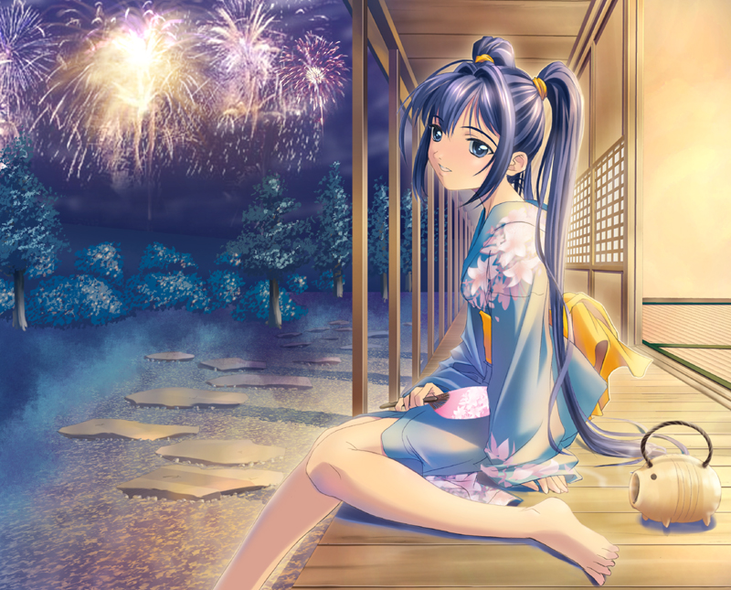 1girl, aerial fireworks, barefoot, blue eyes, blue hair, blue kimono, feet, female focus, fireworks, hand fan, incense, japanese clothes, kimono, long hair, matching hair/eyes, paper fan, pig, porch, shouji, sitting, sliding doors, smile, solo, tatami, tree, twintails, uchiwa, veranda, very long hair, yukata