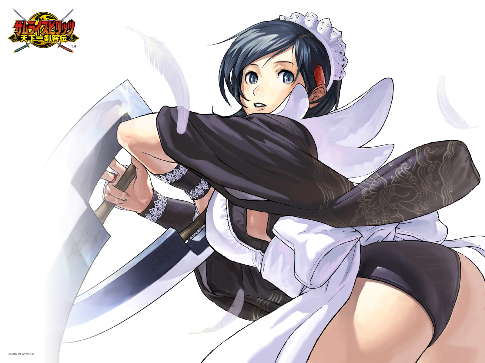 iroha (samurai spirits), samurai spirits, snk, highres, 1girl, ass, black hair, breasts, female focus, holding, holding weapon, huge ass, japanese clothes, large breasts, leotard, leotard under clothes, maid, maid headdress, solo, strapless, strapless leotard, sword, weapon