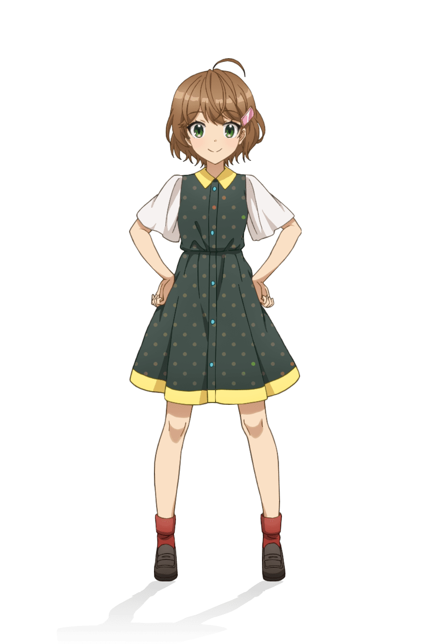 taniguchi motohiro, tendo yuuki, cue!, highres, official art, 1girl, ahoge, anime coloring, blush, breasts, brown hair, brown shoes, brown socks, dress, dress shoes, full body, green dress, green eyes, hair ornament, hands on own hips, looking at viewer, multicolored dress, polka dot, polka dot dress, shoes, short hair, short sleeves, simple background, small breasts, smile, socks, solo, standing, tachi-e, transparent background