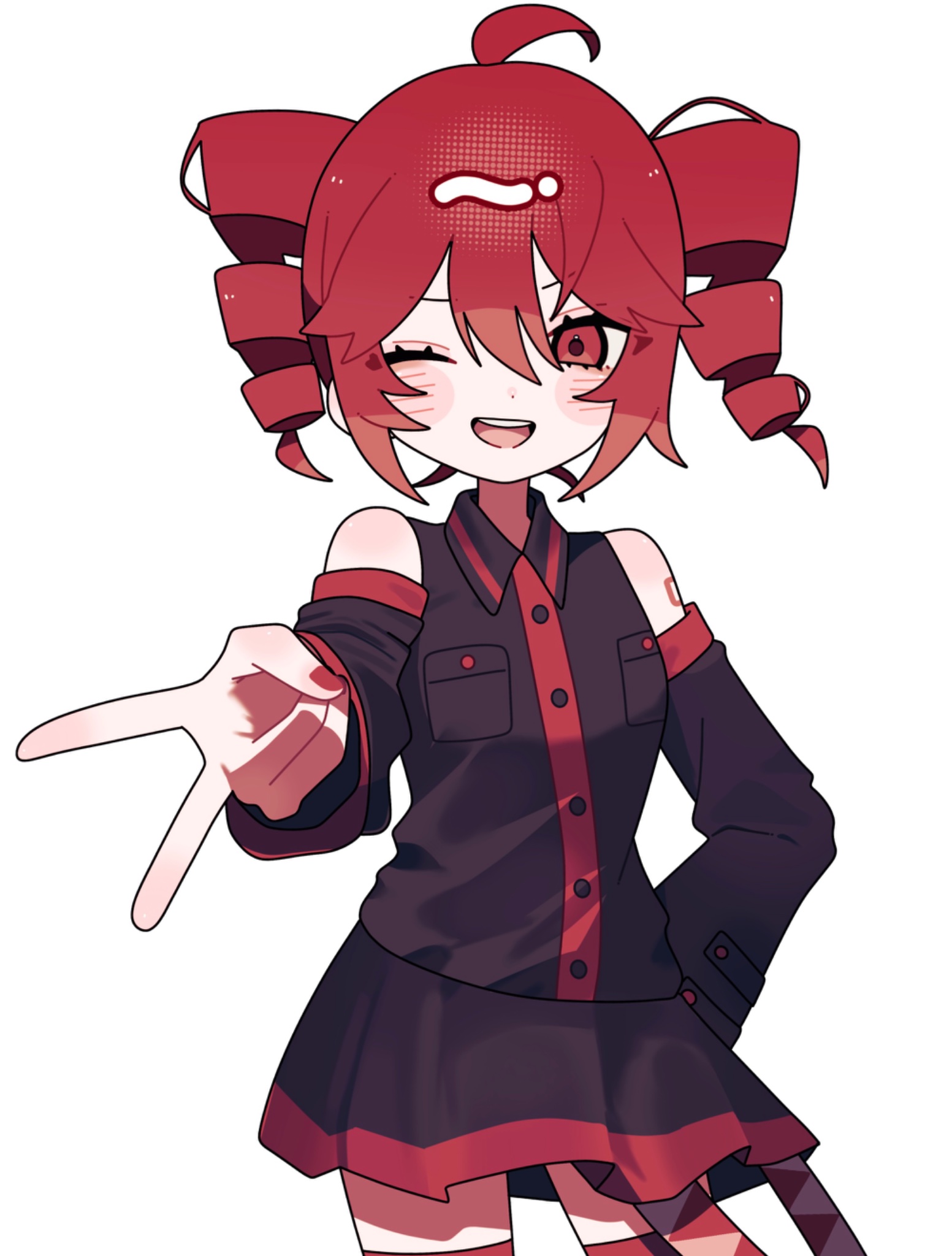 okayu (cwtv7823), kasane teto, kasane teto (utau), utau, highres, 1girl, ahoge, bare shoulders, black shirt, black skirt, black sleeves, blush stickers, breast pocket, buttons, cowboy shot, detached sleeves, drill hair, hair between eyes, halftone, long sleeves, looking at viewer, nail polish, number tattoo, one eye closed, open mouth, pocket, red eyes, red hair, red nails, shirt, simple background, skirt, sleeveless, sleeveless shirt, smile, solo, standing, tattoo, teeth, twin drills, upper teeth only, v, white background