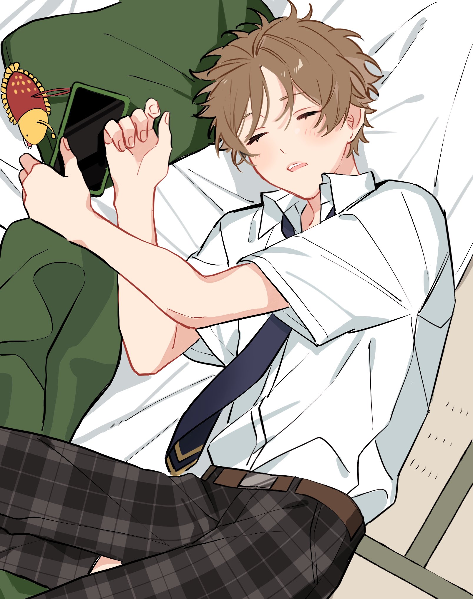 oshi cutepm, takamine midori, ensemble stars!, commentary request, highres, 1boy, belt, brown belt, brown hair, cellphone, closed eyes, collared shirt, facing viewer, fingernails, lying, male focus, necktie, open mouth, pants, phone, plaid clothes, plaid pants, school uniform, shirt, short hair, short sleeves, sleeping, solo, teeth, upper teeth only, white shirt, yumenosaki school uniform