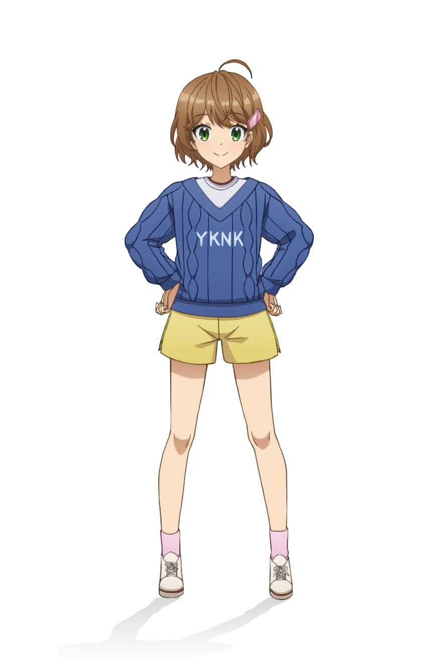 taniguchi motohiro, tendo yuuki, cue!, highres, official art, 1girl, ahoge, anime coloring, blue sweater, blush, breasts, brown hair, english text, full body, green eyes, hair ornament, hands on own hips, long sleeves, looking at viewer, pants, pink socks, shirt, shoes, short hair, short shorts, shorts, simple background, small breasts, smile, socks, solo, standing, sweater, tachi-e, transparent background, white shirt, white shoes, yellow pants