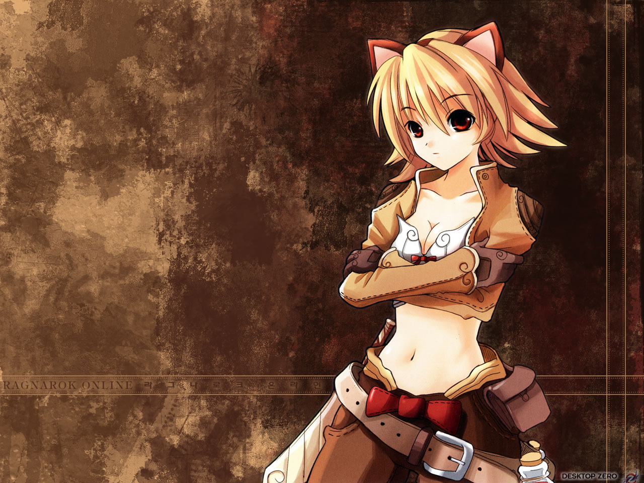 thief (ragnarok online), ragnarok online, 1girl, animal ears, blonde hair, breasts, cat ears, cleavage, female focus, jacket, leather, leather jacket, leatherjacket, midriff, red eyes, short hair, solo