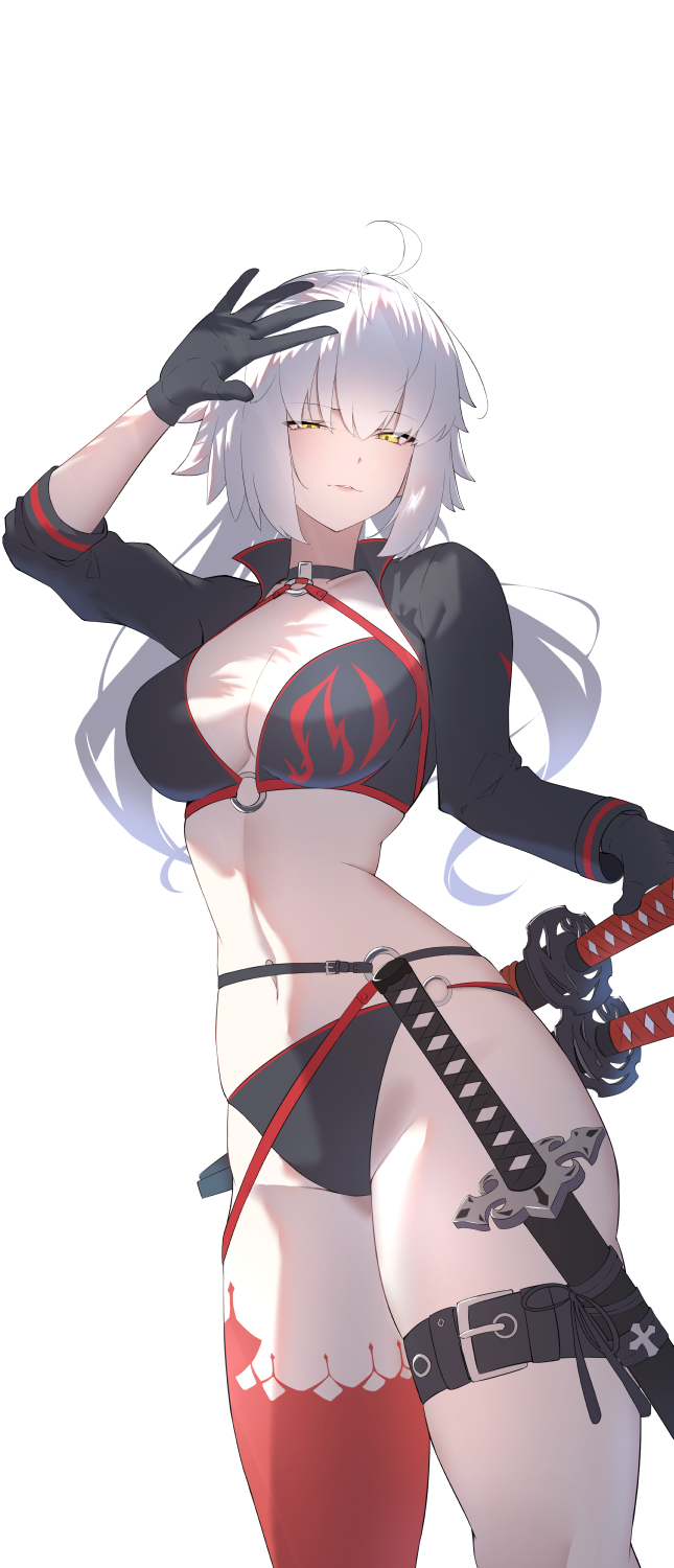 umi endu, jeanne d'arc alter (fate), jeanne d'arc alter (swimsuit berserker) (fate), fate/grand order, fate (series), highres, non-web source, 1girl, ahoge, bikini, black bikini, black choker, black gloves, breasts, choker, cleavage, gloves, grey hair, large breasts, long hair, navel, o-ring, o-ring bikini, red thighhighs, solo, stomach, swimsuit, sword, thighhighs, thighs, weapon, yellow eyes