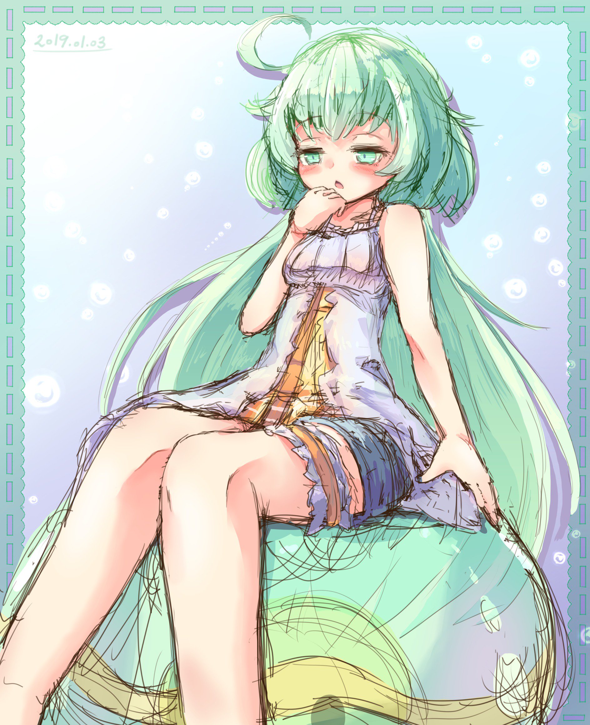 kitune47, emil chronicle online, highres, 1girl, ahoge, air bubble, blue shorts, blush, bubble, dated, dress, frilled thigh strap, green eyes, green hair, jellyfish, long hair, open mouth, poison gel alma, riding, shorts, sleeveless, sleeveless dress, thigh strap, very long hair, white dress, yellow dress