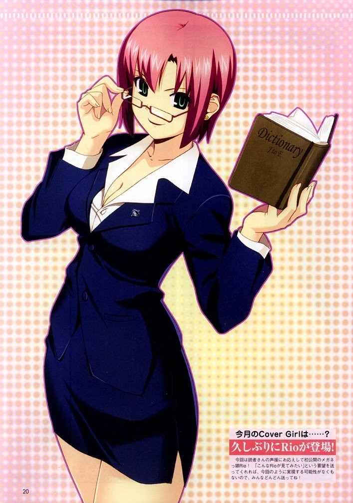 rio rollins, super blackjack, non-web source, 1girl, breasts, business suit, female focus, formal clothes, glasses, jacket, large breasts, pencil skirt, pink hair, short hair, skirt, skirt suit, solo, suit