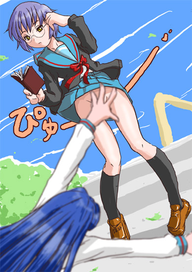 asakura ryoko, nagato yuki, suzumiya haruhi no yuuutsu, 00s, 2girls, book, censored, clothes lift, convenient censoring, glasses, multiple girls, no panties, obscured, school uniform, serafuku, skirt, skirt lift, standing, wind, wind lift