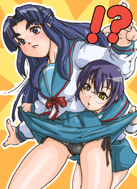 asakura ryoko, nagato yuki, suzumiya haruhi no yuuutsu, 00s, 2girls, blush, clothes lift, glasses, half updo, multiple girls, panties, school uniform, serafuku, side-tie panties, skirt, skirt lift, surprised, surprised arms, underwear, upskirt