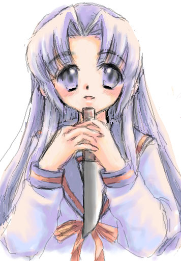 kurumi rumi, asakura ryoko, suzumiya haruhi no yuuutsu, 00s, 1girl, blush, female focus, knife, long sleeves, school uniform, serafuku, solo