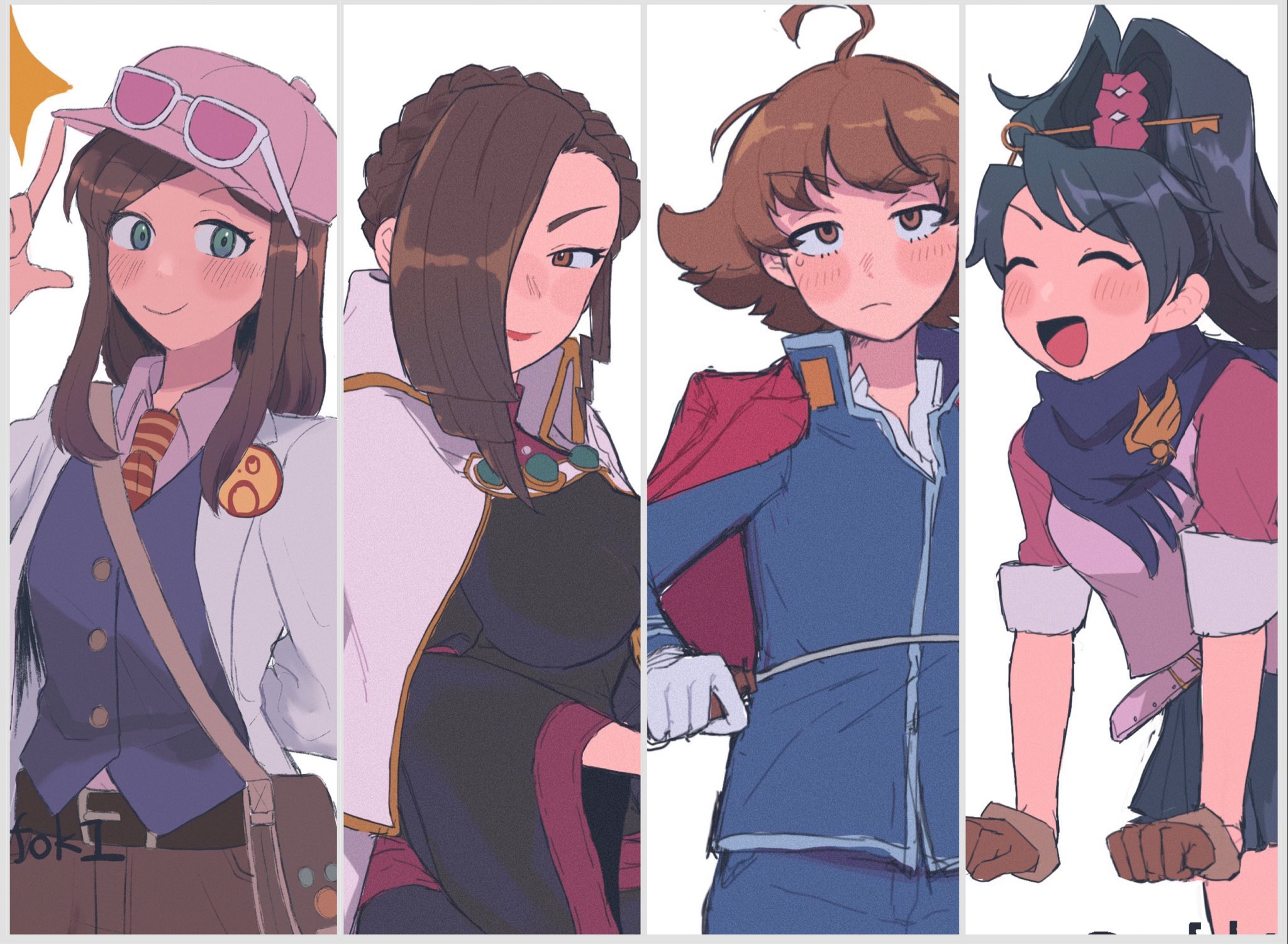 nanase (trfok1), ema skye, eustace winner, kay faraday, verity gavelle, ace attorney, ace attorney investigations, ace attorney investigations 2: prosecutor's gambit, commentary request, highres, 1boy, 3girls, :d, ^ ^, adjusting clothes, adjusting headwear, ahoge, badge, bag, belt, black belt, black robe, black skirt, blue jacket, blue pants, blue scarf, blue vest, blush, braid, breasts, brown belt, brown eyes, brown gloves, brown hair, brown pants, button badge, buttons, cloak, closed eyes, coat, collared shirt, column lineup, conductor baton, crown braid, eyewear on headwear, finger to headwear, flipped hair, gloves, green eyes, hair over one eye, handbag, hat, high ponytail, holding baton, index finger raised, jacket, jacket on shoulders, key, key hair ornament, lab coat, lipstick, long hair, long sidelocks, looking at viewer, looking up, makeup, medium breasts, miniskirt, multicolored necktie, multiple girls, necktie, open mouth, pants, parted bangs, pink belt, pink hat, pink shirt, ponytail, question mark ahoge, red jacket, red necktie, robe, scarf, school uniform, shirt, short hair, short sleeves, sidelocks, skirt, smile, striped necktie, sweatdrop, themis legal academy school uniform, vest, white background, white cloak, white coat, white gloves, wide sleeves, wing collar, yellow necktie