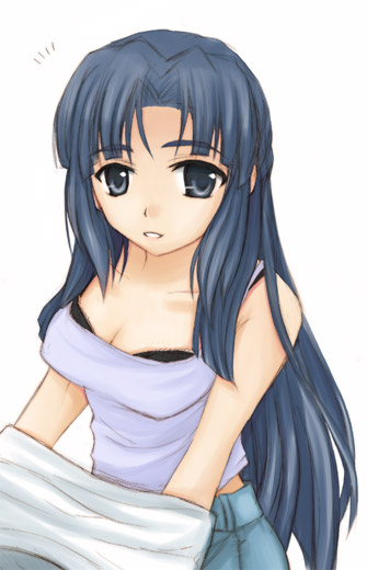 kazui, asakura ryoko, suzumiya haruhi no yuuutsu, 00s, bra, casual, denim, jeans, lingerie, pants, shirt, solo, sweater, t-shirt, underwear