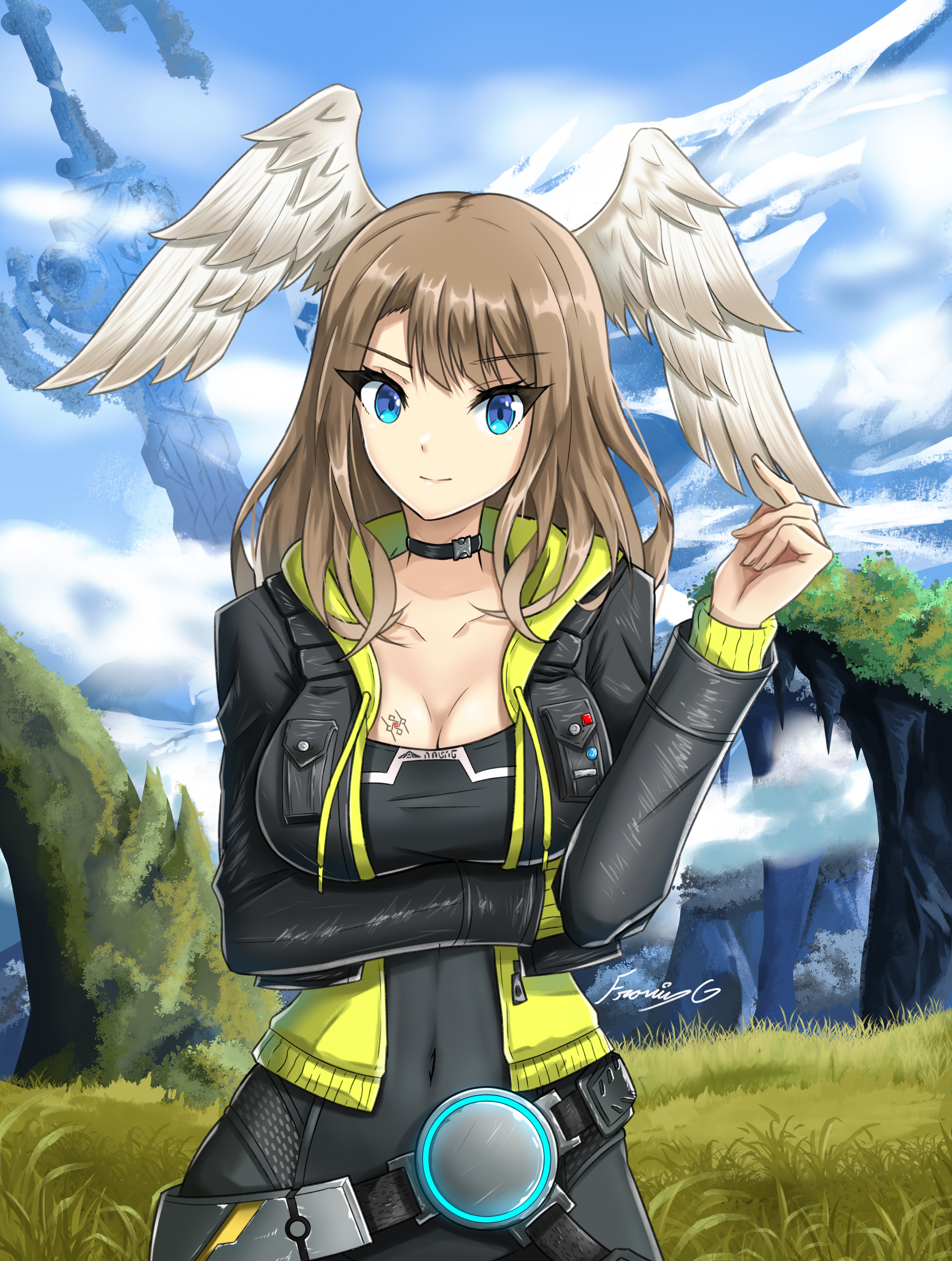 fgsketch, eunie (xenoblade), xenoblade chronicles (series), xenoblade chronicles 3, absurdres, highres, 1girl, black bodysuit, black choker, blue pupils, bodysuit, breast tattoo, breasts, choker, cleavage, covered navel, glowing lines, head wings, jacket, large breasts, leather, leather jacket, outdoors, solo, tattoo, upper body, white wings, wings