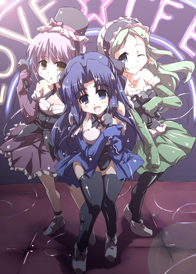 tokyo (great akuta), asakura ryoko, kimidori emiri, nagato yuki, suzumiya haruhi no yuuutsu, 00s, 3girls, microphone, multiple girls, music, one eye closed, pantyhose, performing, singing, stage, thighhighs, wink