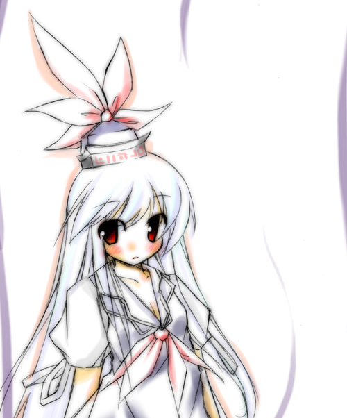 mizuno minato, kamishirasawa keine, touhou, eyebrows, kerchief, 1girl, blush, bow, breasts, cleavage, closed mouth, collarbone, female focus, frown, hat, looking at viewer, puffy short sleeves, puffy sleeves, red eyes, short sleeves, simple background, small breasts, solo, tate eboshi, upper body, white background, white hair