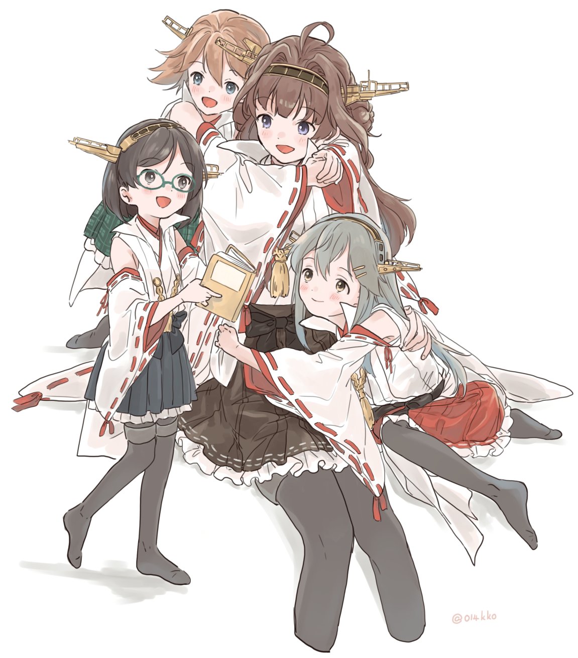 kokko (014kko), haruna (kancolle), hiei (kancolle), kirishima (kancolle), kongou (kancolle), kantai collection, commentary request, highres, 4girls, aged down, black hair, black pantyhose, blush, book, brown hair, detached sleeves, glasses, grey hair, hair ornament, hairclip, headgear, holding, holding book, japanese clothes, long hair, multiple girls, nontraditional miko, open mouth, pantyhose, red skirt, ribbon-trimmed sleeves, ribbon trim, short hair, simple background, sitting, skirt, smile, thighhighs, twitter username, white background, white sleeves