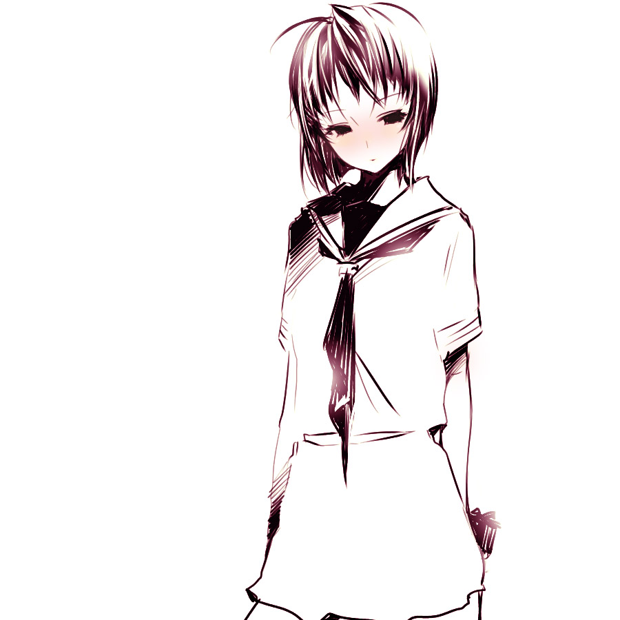 goshiki suzu, 1girl, blush, box, cowboy shot, female focus, gift, gift box, head tilt, monochrome, purple theme, school uniform, serafuku, solo, spot color, standing