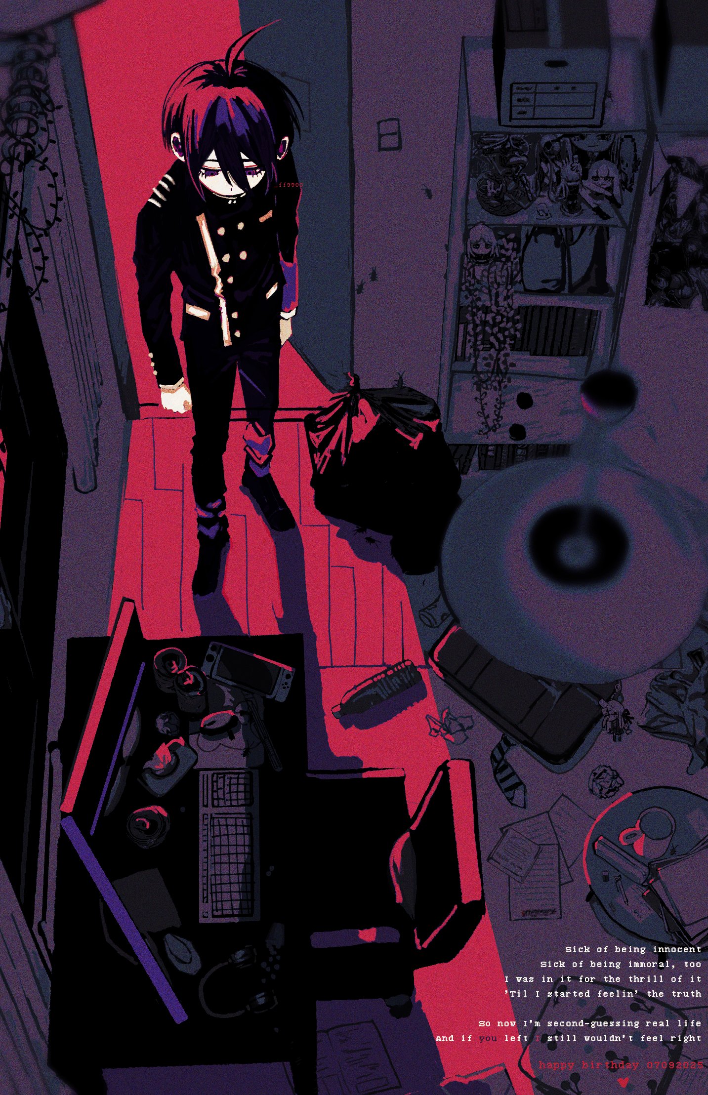 ff9900, saihara shuichi, danganronpa (series), danganronpa v3: killing harmony, commentary, highres, 1boy, ahoge, backlighting, black hair, black jacket, buttons, dated, desk, door, english text, eyelashes, from above, hair between eyes, happy birthday, indoors, jacket, long sleeves, lyrics, male focus, messy room, pants, red theme, shadow, shelf, short hair, solo, standing, trash bag