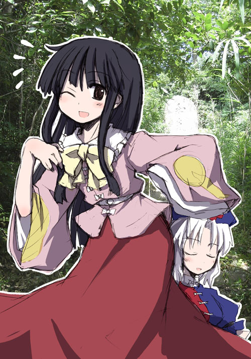 mizumoto tadashi, houraisan kaguya, yagokoro eirin, touhou, 2girls, black hair, closed eyes, female focus, japanese clothes, long hair, long sleeves, multiple girls, one eye closed, photo background, sleeves past wrists, smile, white hair, wide sleeves