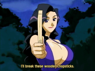 yurine sayuri, dokkoida, sumeba miyako cosmos-sou suttokko taisen dokkoida, animated, animated gif, anime screenshot, lowres, non-web source, 00s, 1girl, bare shoulders, between breasts, black hair, blue eyes, bouncing breasts, breaking, breasts, breasts squeezed together, chopsticks, cleavage, close-up, dress, female focus, forest, large breasts, light smile, lipstick, long hair, makeup, nature, night, night sky, no bra, outdoors, qvga, red lips, revealing clothes, sky, sleeveless, smile, solo, subtitled, upper body