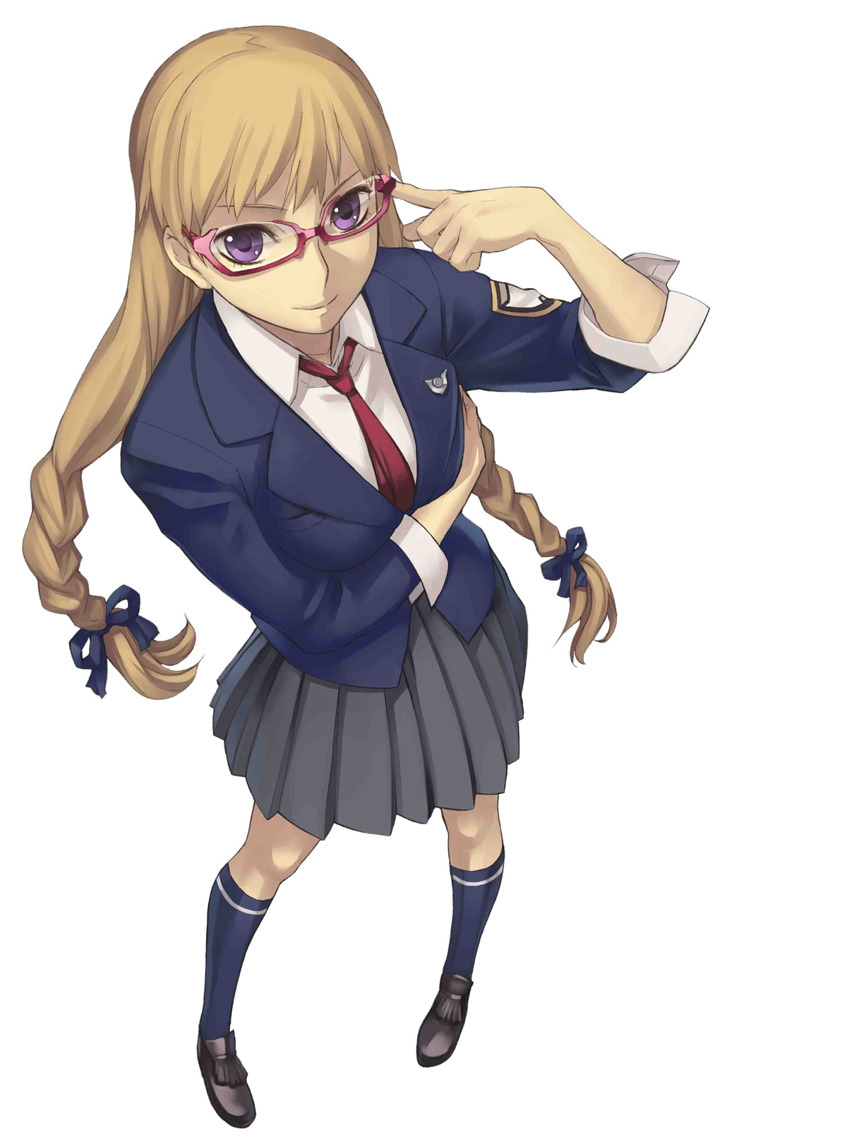 nagi ryou, chroche latel pastalie, ar tonelico, ar tonelico ii, gust, highres, official art, 00s, 1girl, adjusting eyewear, alternate costume, black shoes, blazer, blonde hair, blouse, blue socks, braid, breast pocket, collared shirt, female focus, from above, full body, glasses, jacket, kneehighs, long hair, miniskirt, necktie, pocket, purple eyes, red necktie, ribbon, school uniform, shirt, shoes, simple background, skirt, smile, socks, solo, standing, twin braids, white background, white shirt