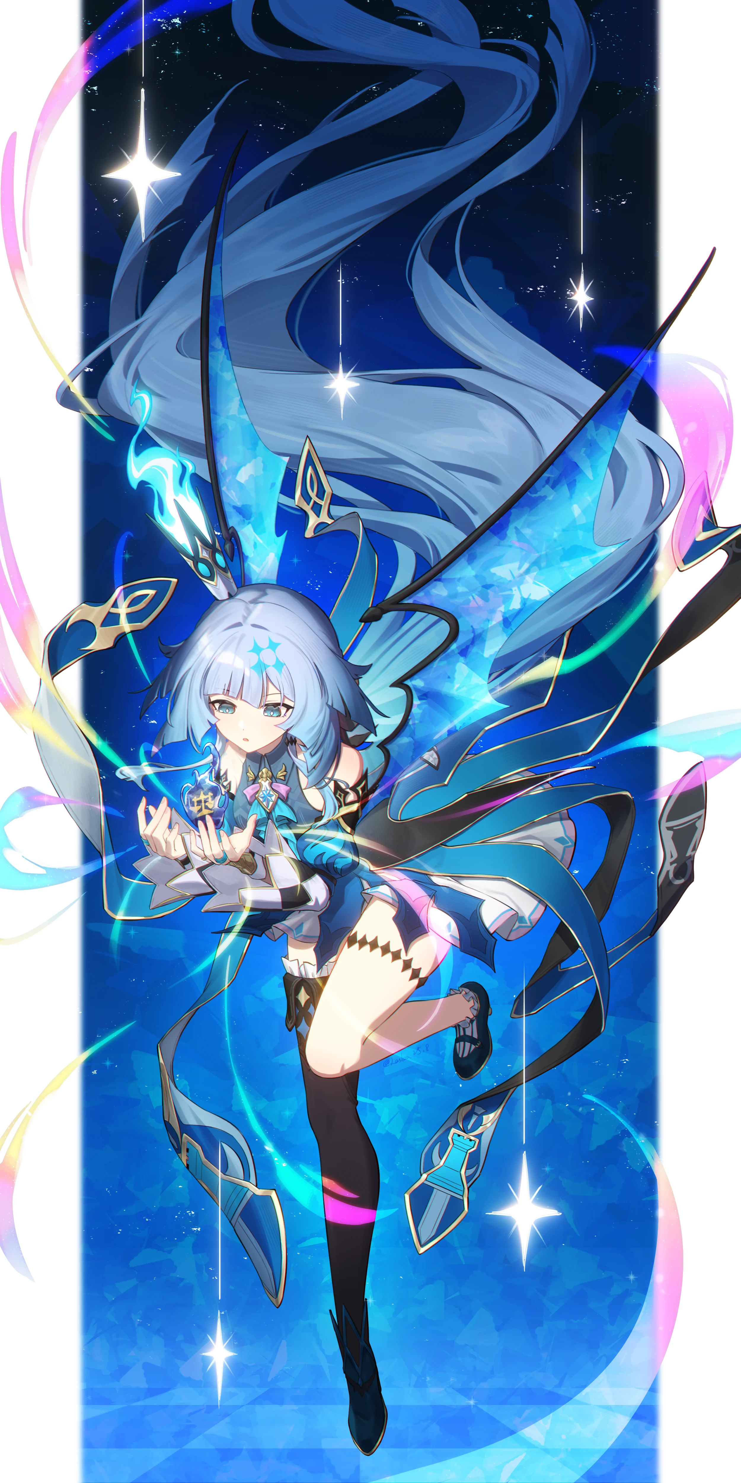 laska (572124034), cerydra (honkai: star rail), honkai: star rail, honkai (series), absurdres, chinese commentary, commentary request, highres, 1girl, asymmetrical legwear, bare shoulders, blue eyes, blue fire, blue hair, blue wings, blunt bangs, blunt ends, border, checkered floor, crown, detached sleeves, diamond-shaped pupils, diamond (shape), dress, fire, full body, gold trim, hair ornament, high heels, jewelry, leg up, legs, light trail, long hair, long sleeves, looking ahead, looking at object, low wings, mini crown, mismatched legwear, night, night sky, object floating above hand, open mouth, outside border, own hands together, pillarboxed, ring, single thighhigh, sky, solo, star (sky), star (symbol), star hair ornament, starry sky, symbol-shaped pupils, thigh strap, thighhighs, thighs, very long hair, white border, wide sleeves, wings