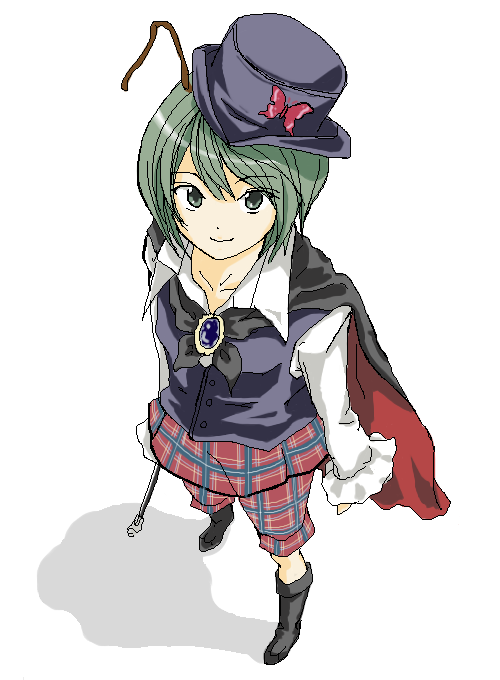 wriggle nightbug, touhou, 1girl, antennae, black boots, boots, bug, butterfly, cape, female focus, green eyes, green hair, hat, insect, matching hair/eyes, pants, plaid clothes, plaid pants, plaid skirt, purple hat, skirt, solo
