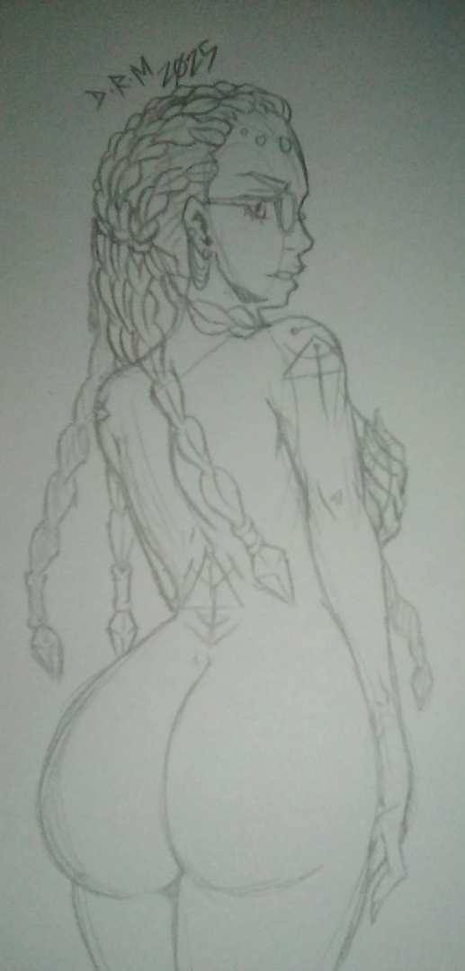 dolores (kof), the king of fighters, 1girl, ass, bodypaint, braid, braided ponytail, breasts, curvy, doctordrm, doctordrm art, earrings, female focus, from behind, glasses, grabbing own breast, huge ass, huge breasts, jewelry, large breasts, long hair, looking at viewer, looking back, nude, round eyewear, thick thighs, thighs, white hair