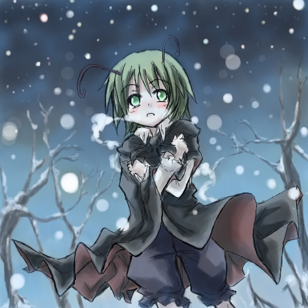 wriggle nightbug, touhou, 1girl, antennae, blush, breath, crossed arms, female focus, green eyes, snow, snowing, solo, winter