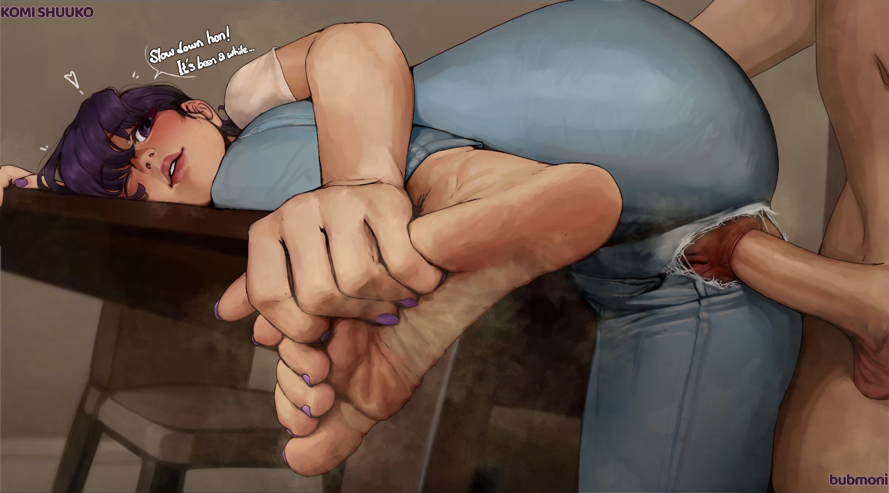 bubmoni, komi masayoshi, komi shuuko, komi-san wa komyushou desu, commentary, highres, 1boy, 1girl, anal, ass, barefoot, black eyes, black hair, character name, clothed female nude male, clothed sex, denim, english text, feet, fingernails, foot focus, foreshortening, hands on feet, heart, hetero, jeans, leg up, mature female, nail polish, no panties, nude, one eye closed, pants, parted lips, penis, purple nails, pussy, pussy peek, sex, sex from behind, short hair, soles, solo focus, toe scrunch, toenail polish, toenails, toes, torn clothes, torn pants, uncensored