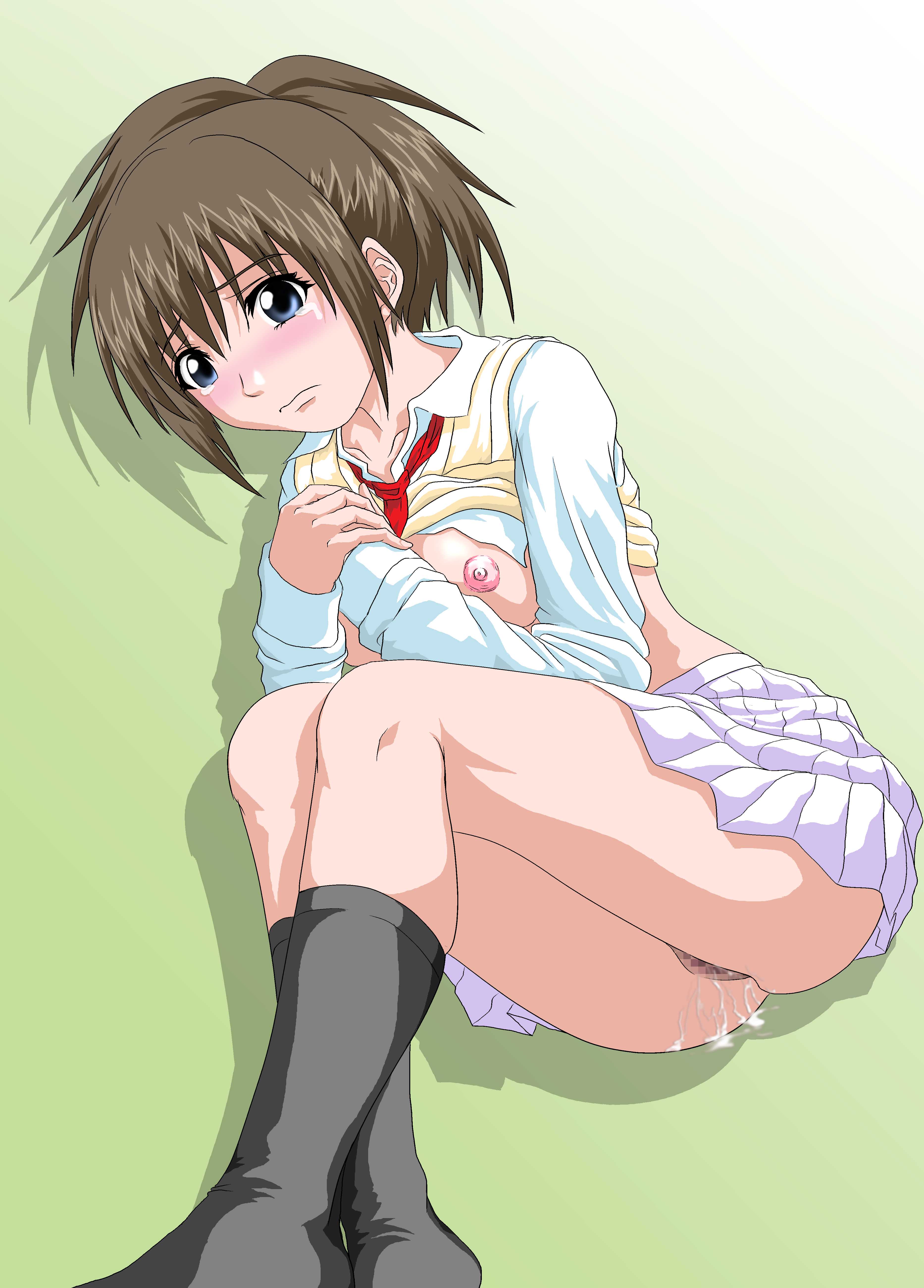 absurdres, highres, 1girl, blue eyes, blush, breasts, brown hair, censored, female focus, medium breasts, mosaic censoring, nipples, scared, solo, wet