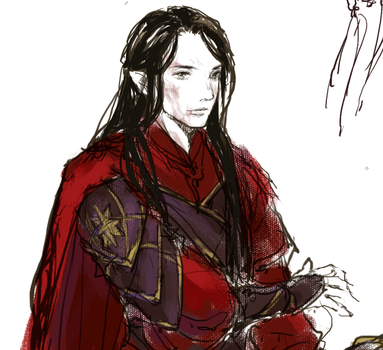 pixiv id 9475840, celebrimbor, the silmarillion, tolkien's legendarium, 1boy, armor, black hair, cape, closed mouth, elf, grey eyes, long hair, male focus, pointy ears, red cape, shoulder armor, simple background, solo, upper body, white background