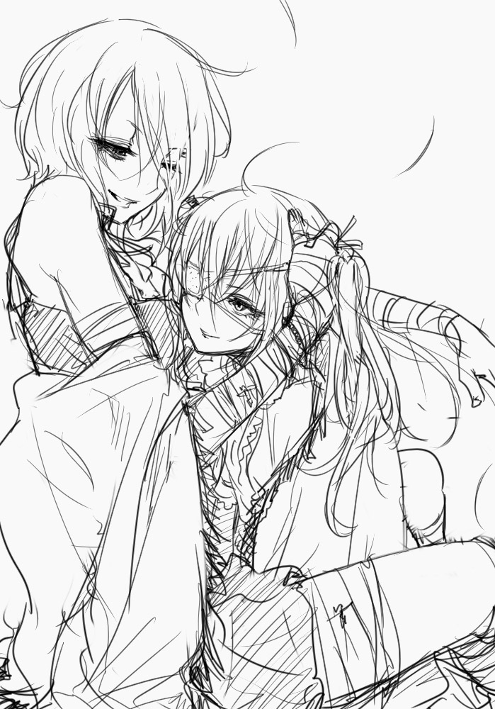 goshiki suzu, 2girls, eyepatch, greyscale, monochrome, multiple girls, sketch, yuri