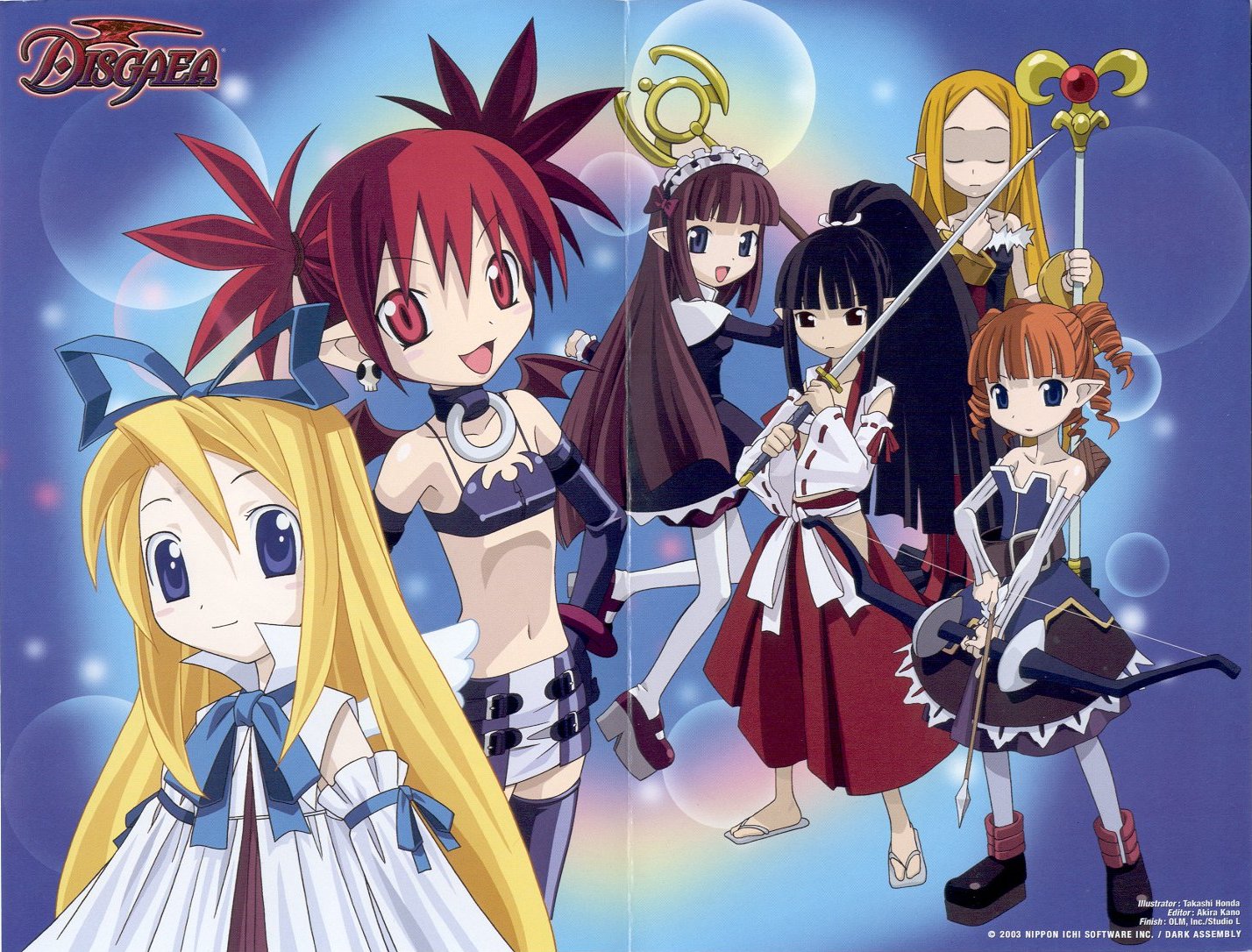 honda takashi, honda takeshi, archer (disgaea), etna (disgaea), flonne, healer (disgaea), mage (disgaea), ronin (disgaea), disgaea, makai senki disgaea, nippon ichi, black legwear, grey legwear, platform footwear, non-web source, scan, 00s, 6+girls, :d, angel wings, bare shoulders, bat wings, belt, belt skirt, bikini, bikini top only, black eyes, black gloves, black hair, blonde hair, blue eyes, blunt bangs, blush, blush stickers, boots, bow, bow (weapon), bracelet, buckle, clenched hand, closed eyes, clothing cutout, collar, copyright name, crease, demon girl, detached sleeves, dress, drill hair, earrings, elbow gloves, everyone, flat chest, fur trim, gloves, hair bow, hair tie, hairband, hakama, hakama skirt, hand on own hip, high collar, high heels, high ponytail, hip focus, hip vent, holding, holding weapon, japanese clothes, jewelry, lace, leather, lens flare, light particles, light smile, logo, lolita hairband, long hair, looking at viewer, looking back, mary janes, mini wings, miniskirt, multiple girls, navel, open mouth, orange hair, pantyhose, pencil skirt, pointy ears, ponytail, purple hair, quiver, rainbow, red eyes, red hair, red hakama, ribbon, ribbon-trimmed sleeves, ribbon trim, ring, sandals, sarashi, sash, shoes, short hair, short twintails, sidelocks, skirt, skull, skull earrings, smile, sparkle, spiked hair, staff, standing, strapless, swimsuit, sword, thighhighs, twintails, very long hair, weapon, white pantyhose, wide ponytail, wide sleeves, wings, zettai ryouiki