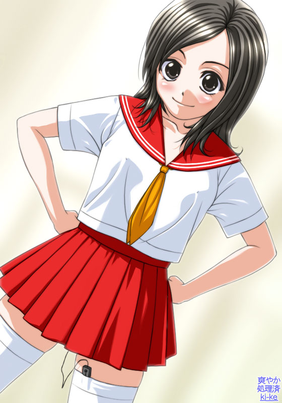 ki-ke, 1girl, black hair, blush, discreet vibrator, female focus, public indecency, public vibrator, school uniform, serafuku, sex toy, smile, solo, thighhighs, vibrator, vibrator in thighhighs