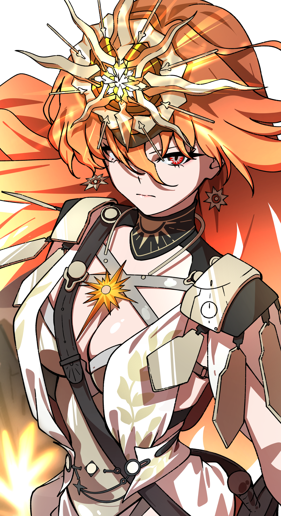 ecliygame, augusta (wuthering waves), wuthering waves, commentary, highres, 1girl, armor, black collar, breastplate, breasts, cleavage, closed mouth, collar, earrings, hair between eyes, headgear, jewelry, long hair, looking at viewer, medium breasts, orange hair, red eyes, simple background, solo, sun earrings, sun necklace, white background
