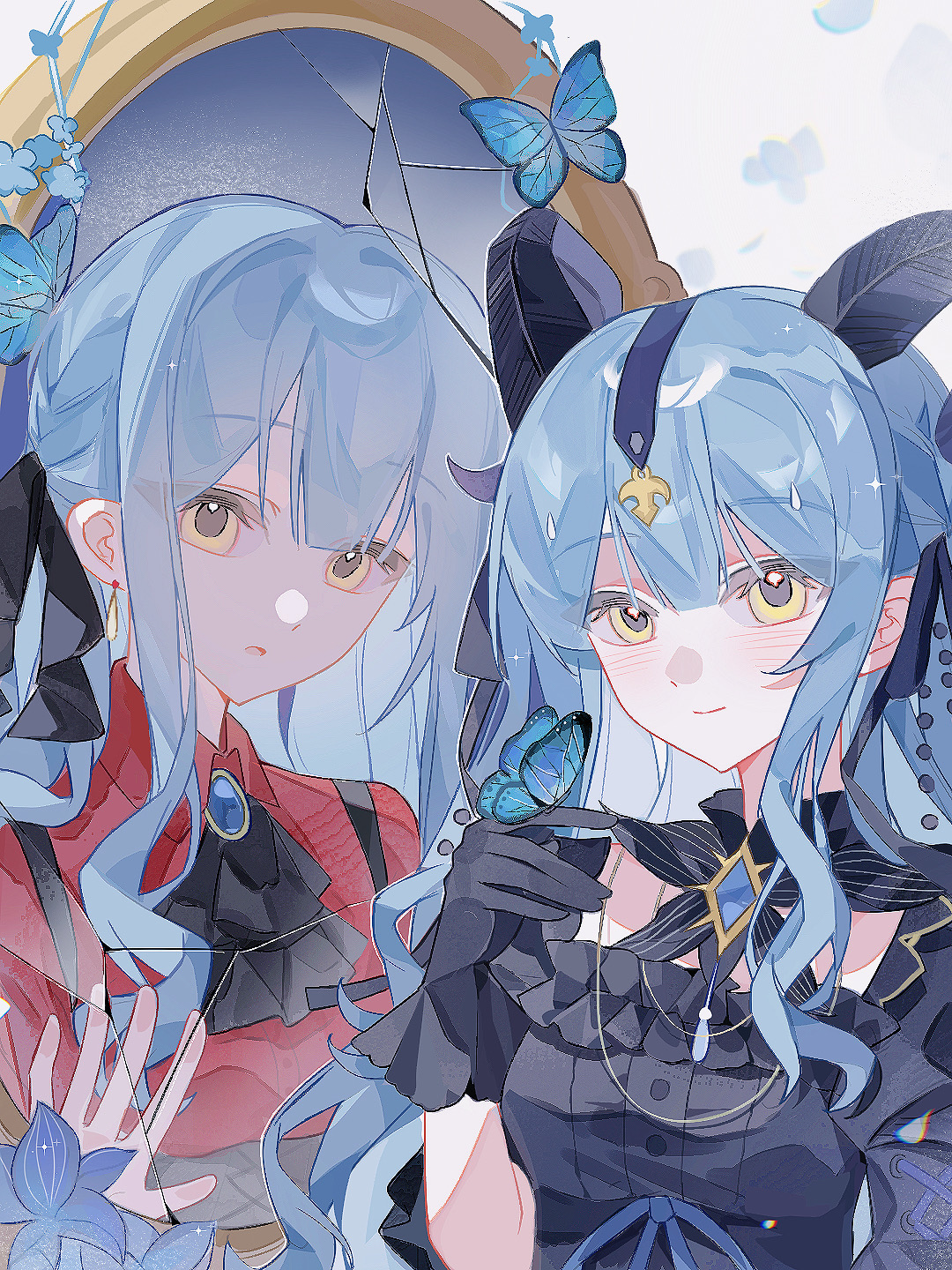 oblivionis (bang dream!), togawa sakiko, arknights, bang dream!, bang dream! it's mygo!!!!!, chinese commentary, commentary request, highres, 2girls, ascot, black ascot, black dress, black gloves, black horns, black ribbon, blue butterfly, blue hair, blunt bangs, breasts, broken mirror, bug, butterfly, butterfly on hand, closed mouth, curled horns, different reflection, dress, dual persona, gloves, hair ribbon, horns, insect, jewelry, long hair, looking at viewer, medium breasts, mirror, multiple girls, necklace, open mouth, red shirt, reflection, ribbon, shirt, sidelocks, smile, togawa sakiko (master of melodia), two side up, upper body, yellow eyes, yu er er er