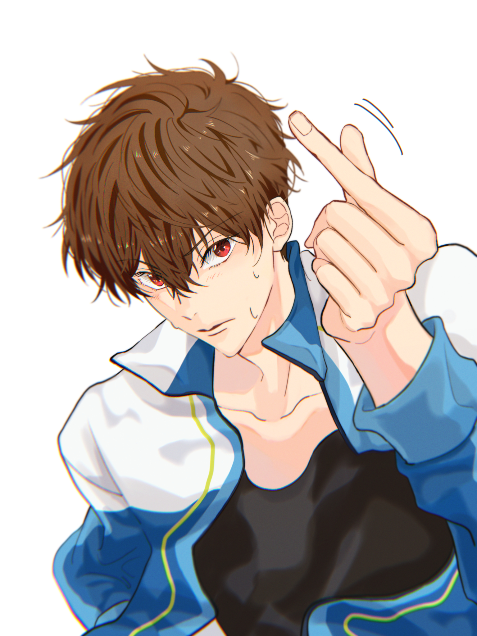 kirishima natsuya, free!, commentary request, highres, 1boy, black shirt, brown hair, closed mouth, fingernails, fuji (6d12c), hair between eyes, jacket, long sleeves, looking at viewer, male focus, notice lines, open clothes, open jacket, red eyes, shirt, short hair, simple background, solo, upper body, white background