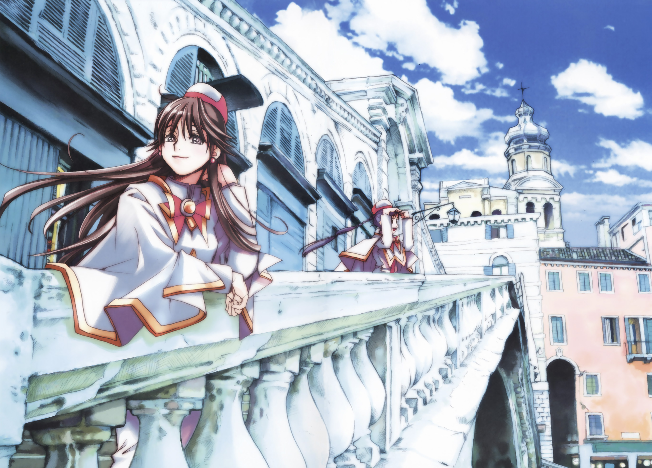 amano kozue, aika granzchesta, akira ferrari, aria (manga), uniform, highres, official art, 00s, 2girls, cloud, day, multiple girls, purple hair, scenery, sky, smile, venice