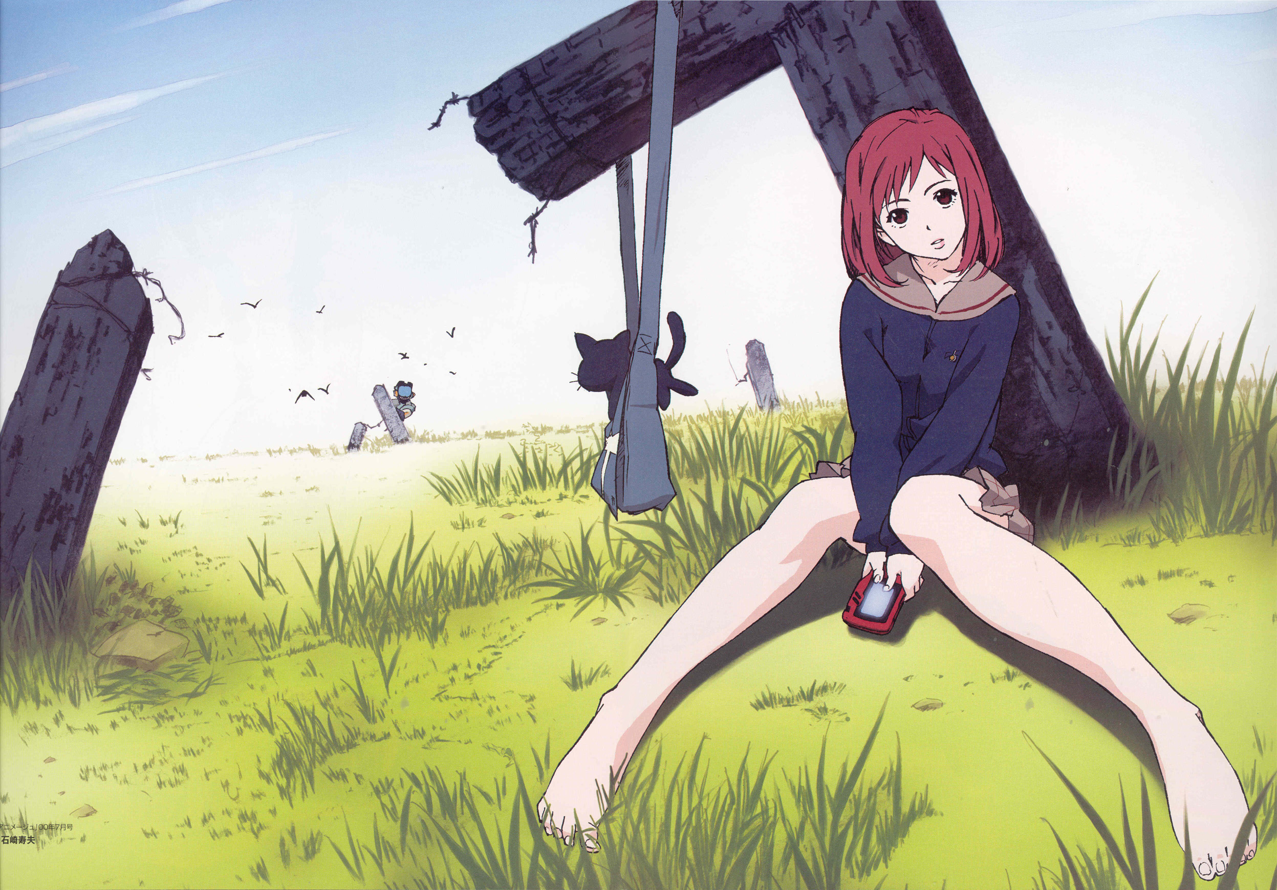 takkun, canti, samejima mamimi, takkun (flcl), flcl, highres, scan, 00s, 1girl, bag, barefoot, bird, brown eyes, cat, day, feet, grass, humanoid robot, miniskirt, outdoors, plaid clothes, plaid skirt, red hair, robot, school uniform, serafuku, short hair, sitting, skirt, sky