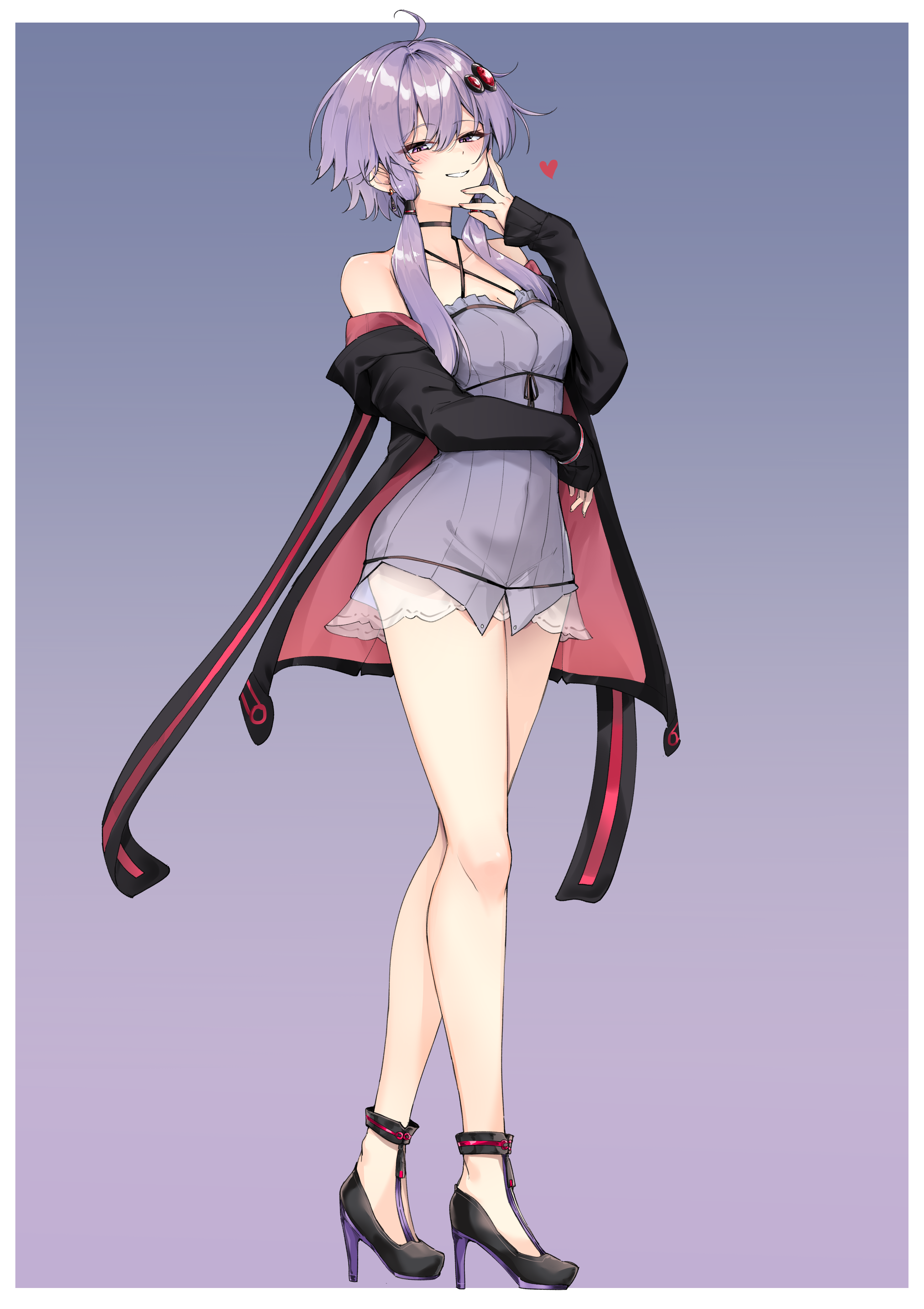 zooanime, yuzuki yukari, vocaloid, voiceroid, absurdres, commentary request, highres, 1girl, ahoge, black jacket, blue background, dress, full body, gradient background, hair ornament, heart, inset border, jacket, looking at viewer, multicolored jacket, off shoulder, open clothes, open jacket, pink jacket, purple background, purple dress, purple eyes, purple hair, ribbed dress, short dress, short hair with long locks, smile, solo, standing, two-tone jacket, white background, white mouth