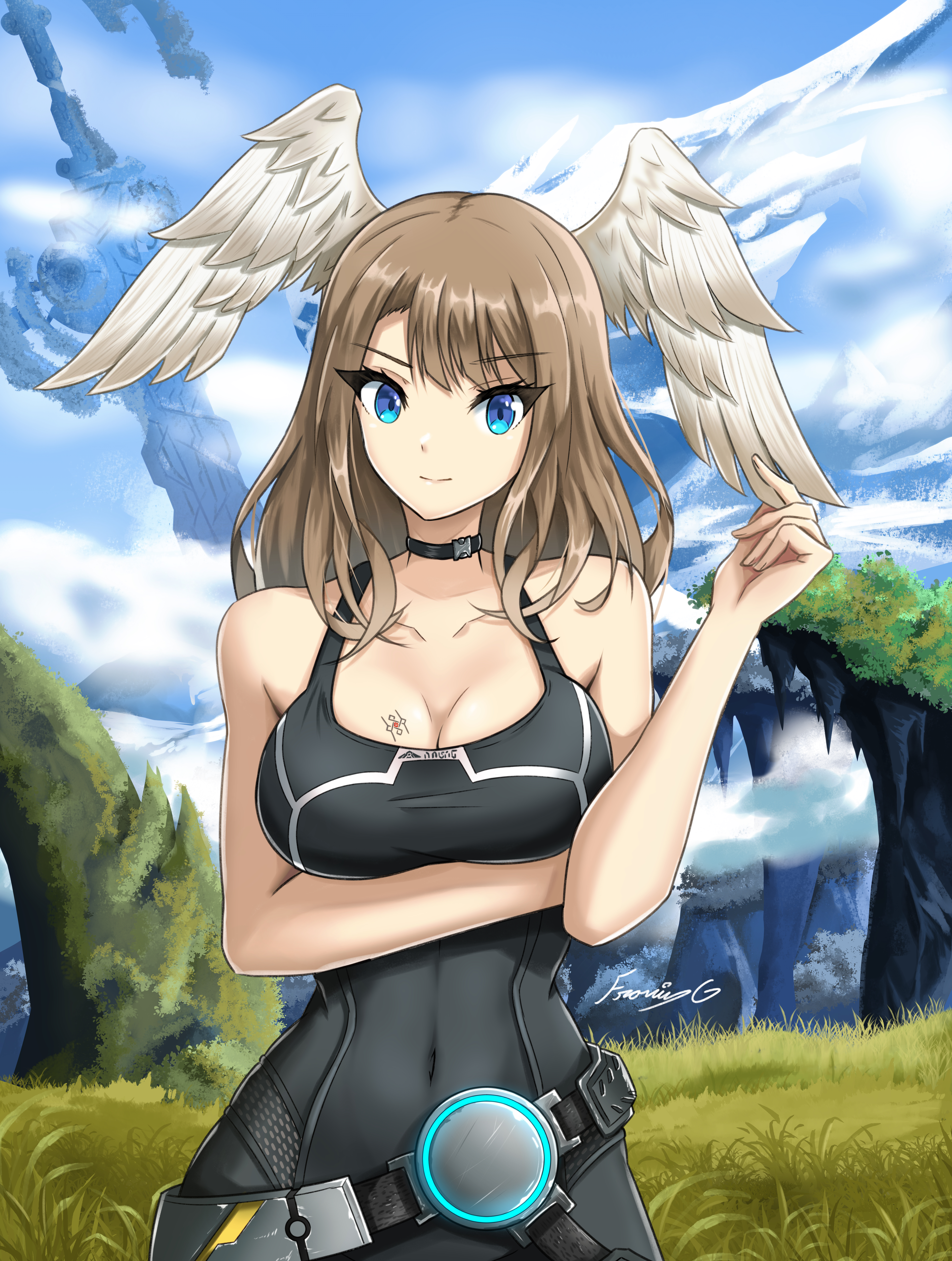 fgsketch, eunie (xenoblade), xenoblade chronicles (series), xenoblade chronicles 3, absurdres, highres, 1girl, black bodysuit, black choker, blue pupils, bodysuit, breast tattoo, breasts, choker, cleavage, covered navel, glowing lines, head wings, jacket, large breasts, leather, outdoors, solo, tattoo, upper body, white wings, wings