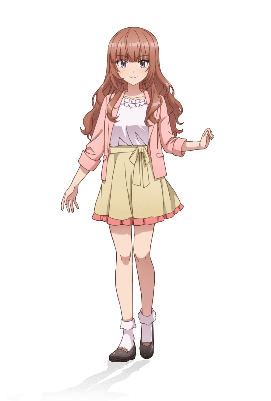 taniguchi motohiro, akagawa chisa, cue!, highres, official art, 1girl, anime coloring, blush, breasts, brown eyes, brown hair, closed mouth, collarbone, frilled skirt, frills, full body, grey shoes, hand up, jacket, large breasts, long hair, long sleeves, looking at viewer, open hand, pink jacket, ribbon, shirt, shoes, sidelocks, simple background, skirt, sleeves rolled up, smile, socks, solo, standing, tachi-e, transparent background, tsurime, wavy hair, white shirt, white socks, yellow ribbon, yellow skirt