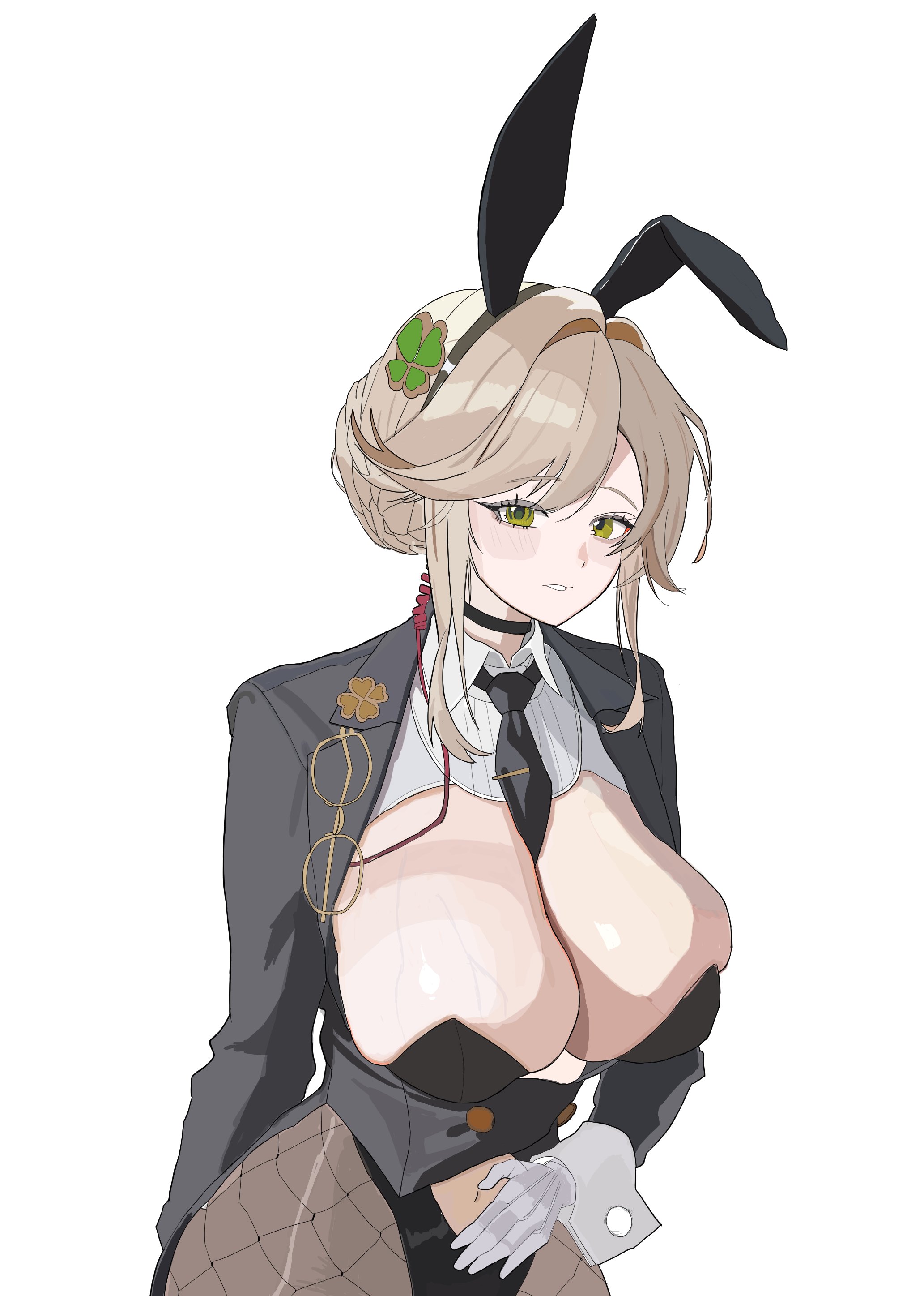 ade (agent bunny) (nikke), ade (nikke), goddess of victory: nikke, absurdres, highres, 1girl, animal ear hairband, animal ears, between breasts, black leotard, black necktie, breasts, bun with braided base, clothing cutout, clover hair ornament, clover pin, fake animal ears, fishnet pantyhose, fishnets, four-leaf clover hair ornament, gurenmaster3, hair ornament, hairband, leotard, navel cutout, necktie, necktie between breasts, pantyhose, playboy bunny, rabbit ear hairband, rabbit ears, solo, undersized breast cup, unworn eyewear