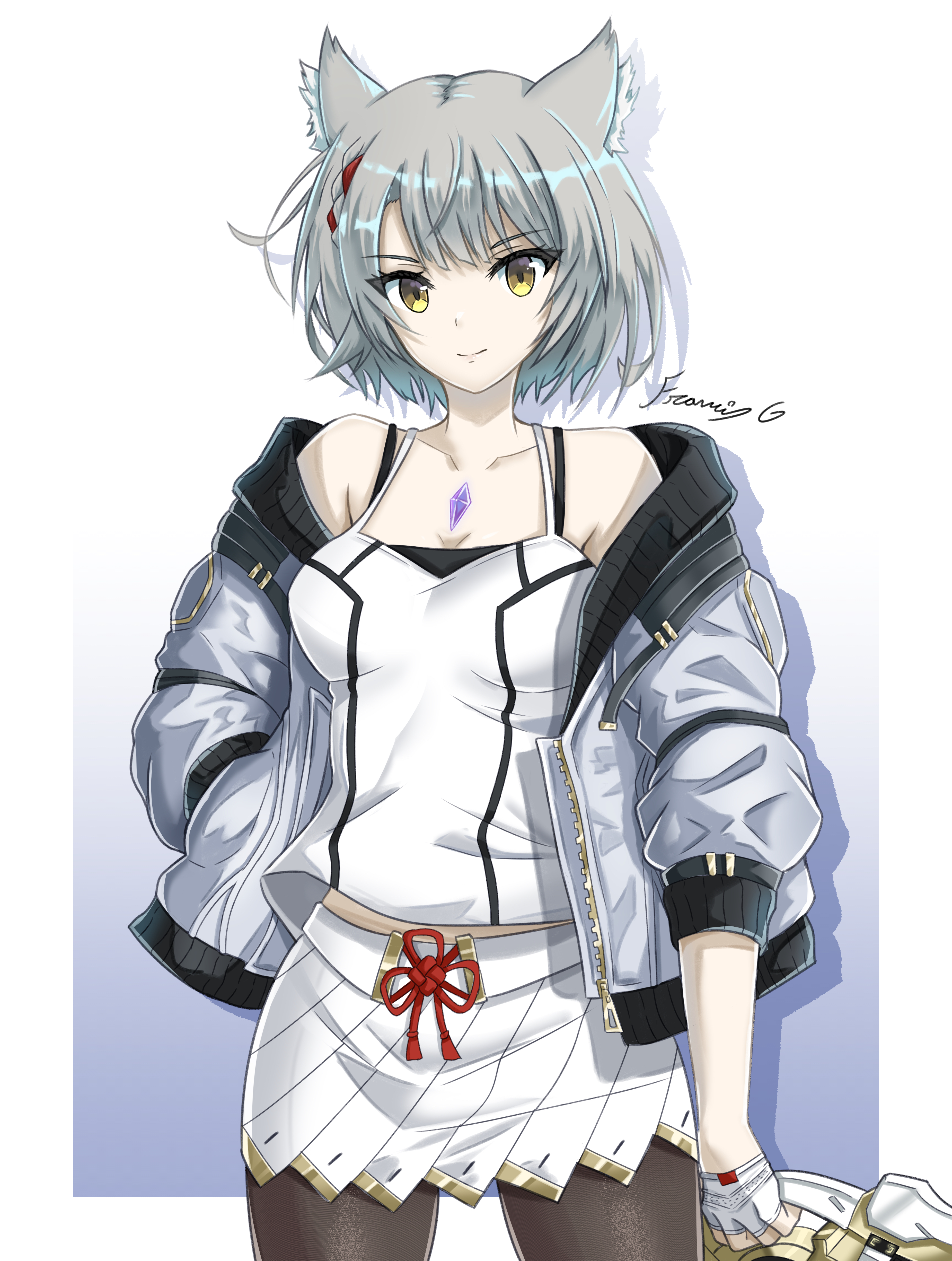 fgsketch, mio (xenoblade), xenoblade chronicles (series), xenoblade chronicles 3, absurdres, highres, 1girl, animal ears, bob cut, breasts, camisole, cat ears, cat girl, chakram, chest jewel, jacket, midriff peek, pantyhose, shoulder strap, skirt, small breasts, solo, tank top, weapon, white camisole, white jacket, white skirt, white tank top