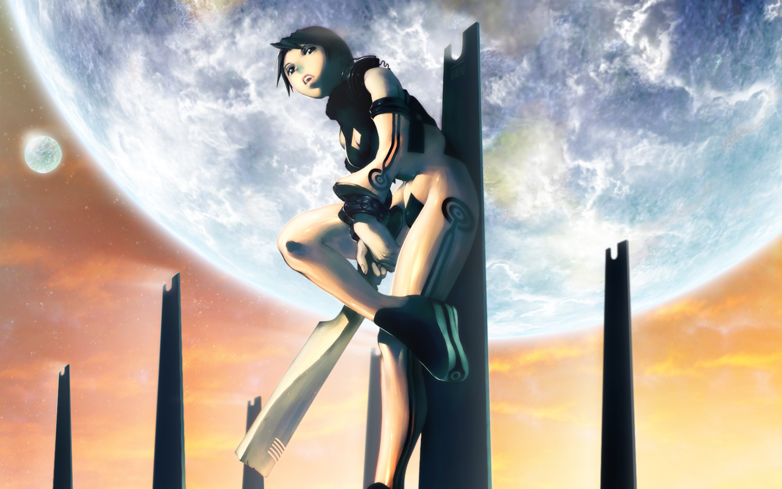 kim hyung tae, rucien grey, the war of genesis, wallpaper, highres, black hair, breasts, cleavage, science fiction, short hair, weapon