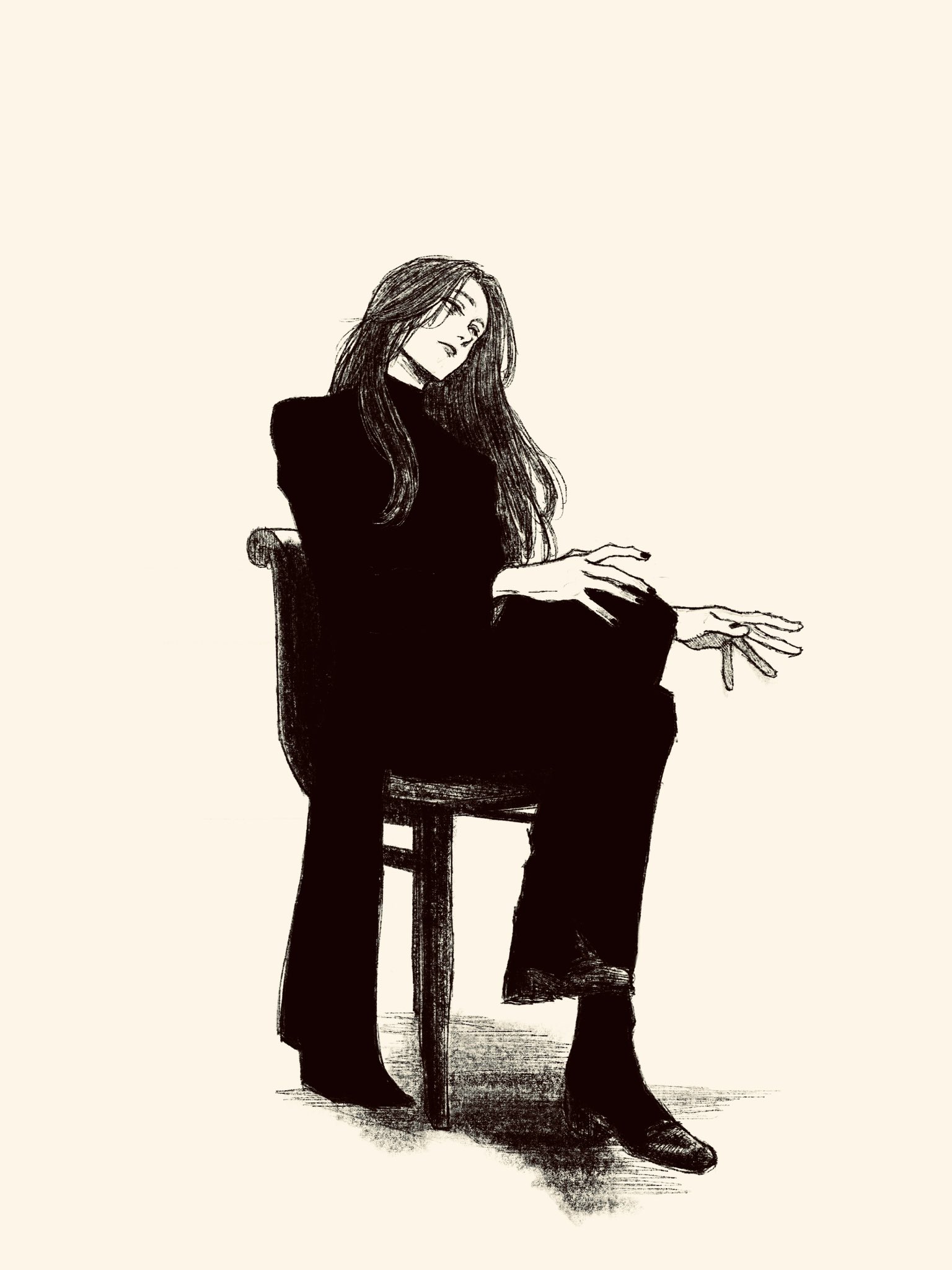 tp p pt, original, highres, 1girl, black coat, black hair, coat, full body, long coat, long hair, looking to the side, on stool, solo, stool, white background