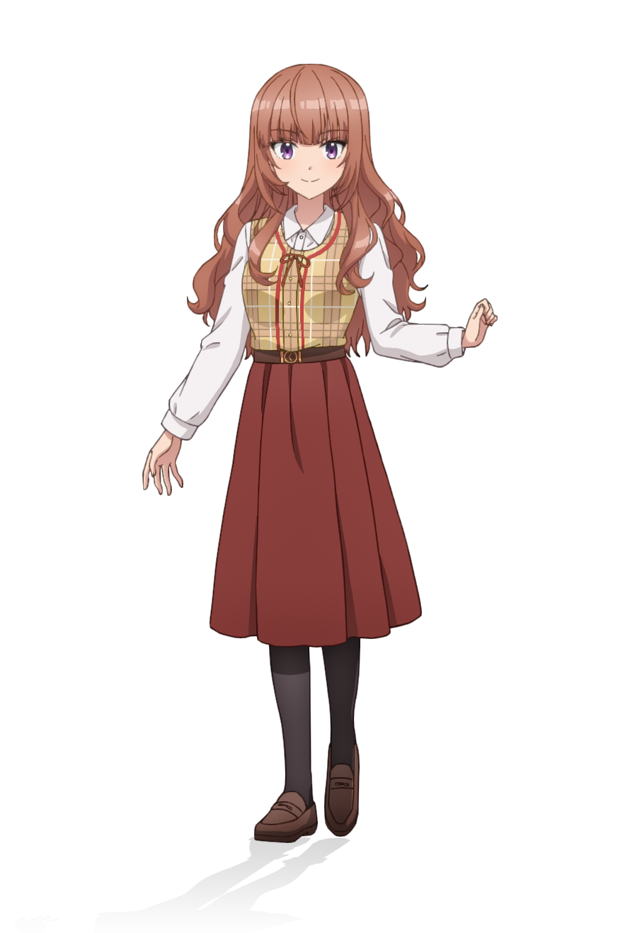 taniguchi motohiro, akagawa chisa, cue!, highres, official art, 1girl, anime coloring, belt, black pantyhose, blush, breasts, brown belt, brown hair, brown shoes, brown skirt, closed mouth, collared shirt, full body, hand up, large breasts, loafers, long hair, long sleeves, looking at viewer, open hand, pantyhose, plaid clothes, plaid vest, pleated skirt, purple eyes, shirt, shoes, sidelocks, simple background, skirt, smile, solo, standing, tachi-e, transparent background, tsurime, vest, wavy hair, white shirt, yellow vest
