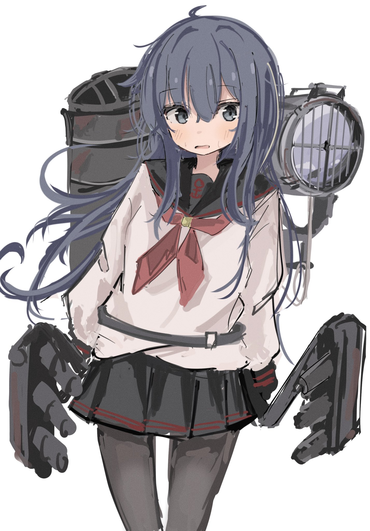 ichiha (ichi u2), akatsuki (kancolle), kantai collection, highres, 1girl, black pantyhose, black sailor collar, black skirt, blue eyes, blue hair, blush, hair between eyes, long hair, long sleeves, neckerchief, open mouth, pantyhose, pleated skirt, red neckerchief, rigging, sailor collar, school uniform, searchlight, serafuku, simple background, skirt, solo, white background